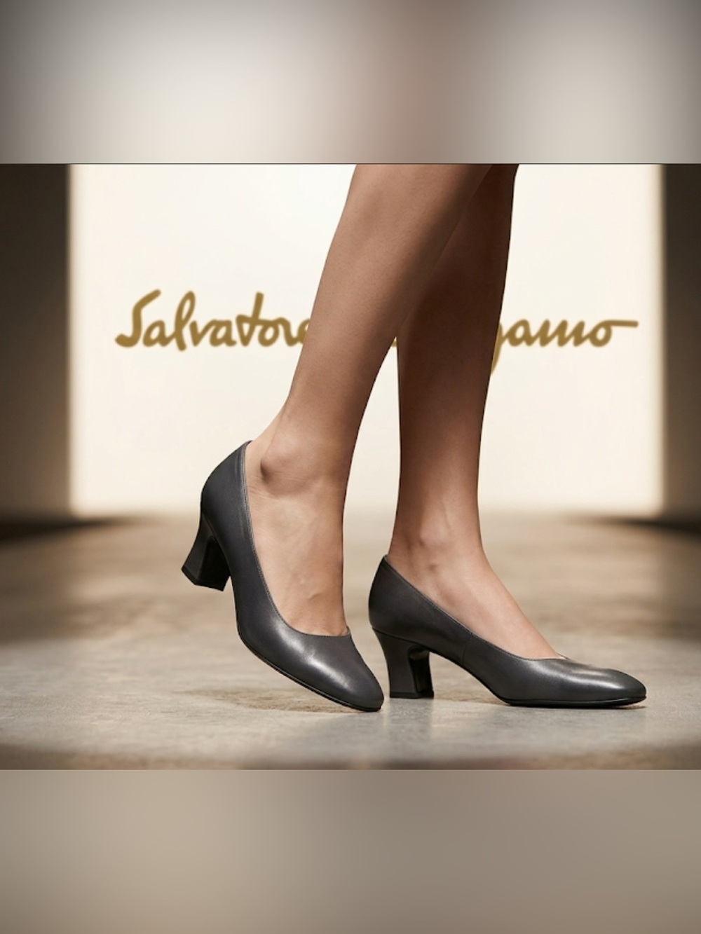 Authentic Salvatore Ferragamo luxury designer dark slate grey leather heels 8 M